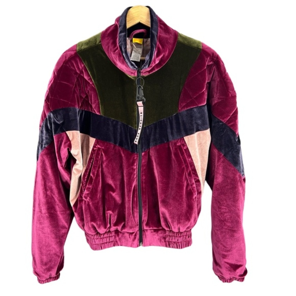 Agua Bendita Jacket Dark Pink Quilted Velour Colorblock Retro Zipper‎ Medium New